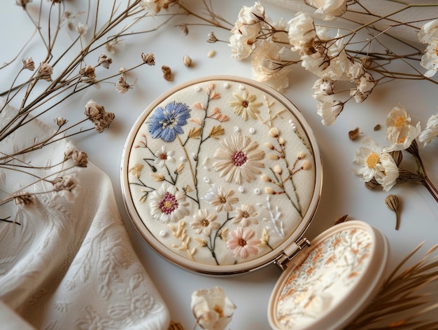 haft ręczny na białym lnie